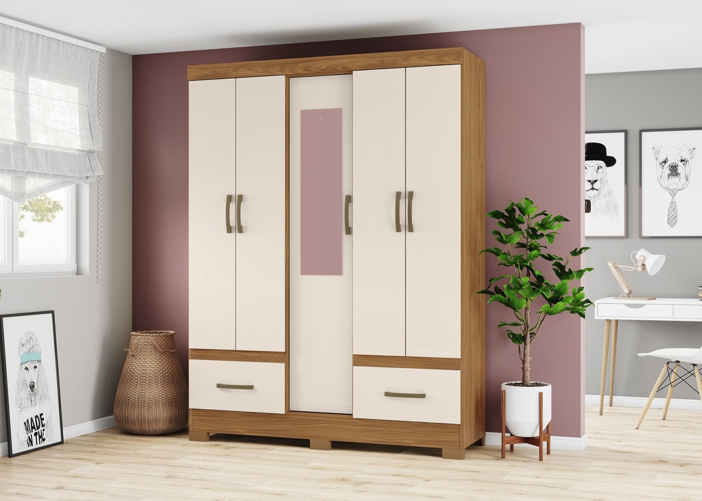[ARM-B60-127] ARMOIRE 5P/2T/ BOIS-CREME/MIROIR  1455X2000X465